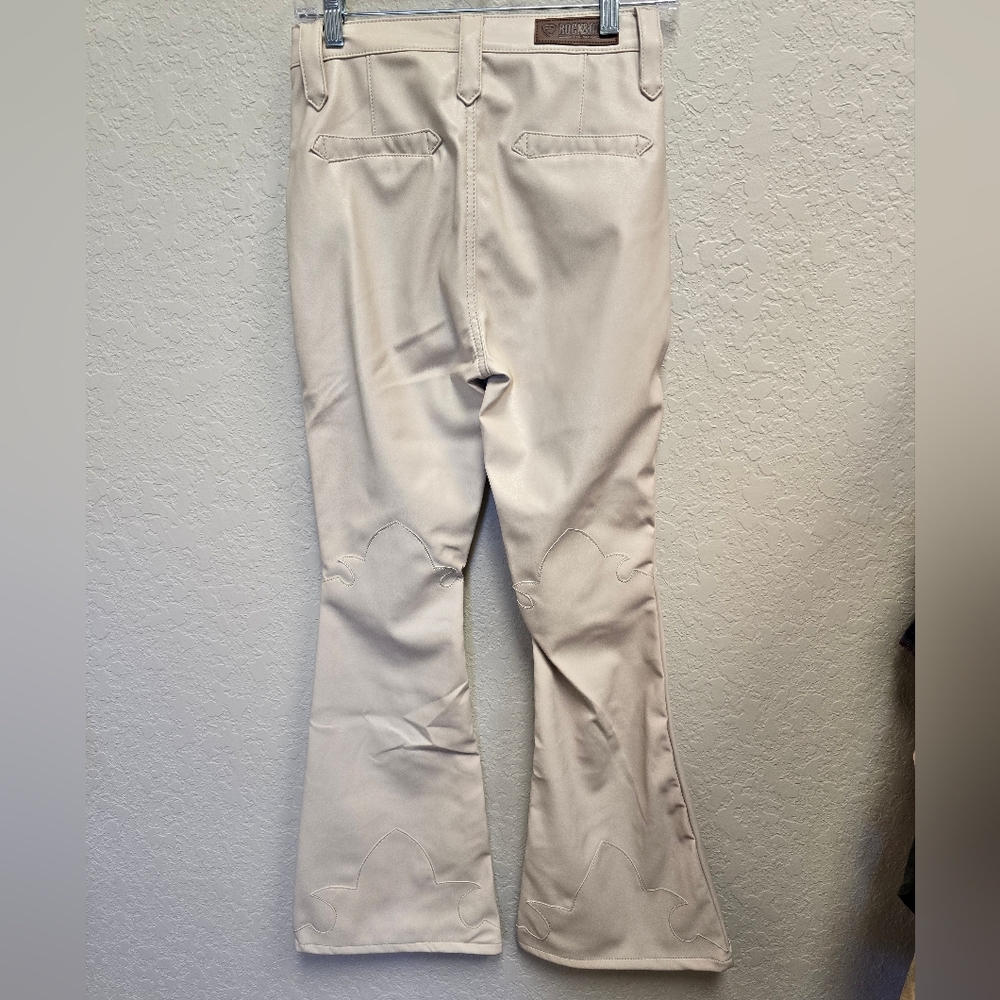 Rock & Roll Denim HIGH RISE EXTRA STRETCH FLARE FAUX LEATHER PANTS in Ivory - Picture 8 of 14